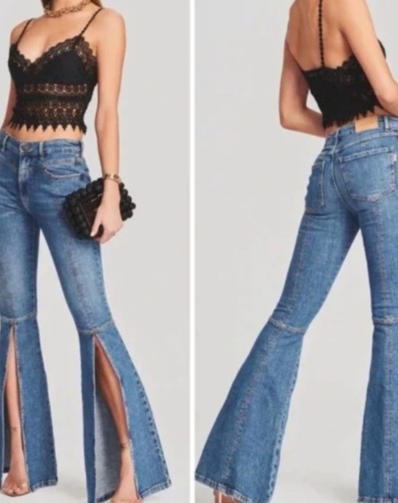 Retofete Fresca Flare Leg Front Slit Dark Bluejay Topstitched Denim Jeans - 24